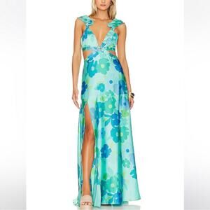 show me your mumu francie maxi dress blue piccadilly floral luxe satin medium